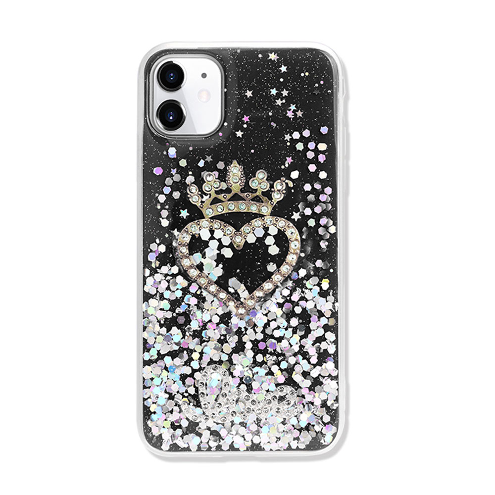 Star Crown Heart Crystal Shiny Glitter Sparkling Jewel Case Cover for iPHONE 12 / 12 Pro 6.1 (Black)